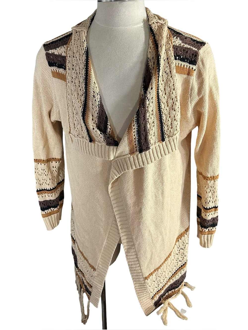 Magnolia Boutique Boho Striped Fringe Cardigan Sweater Womens XL Crochet Duster